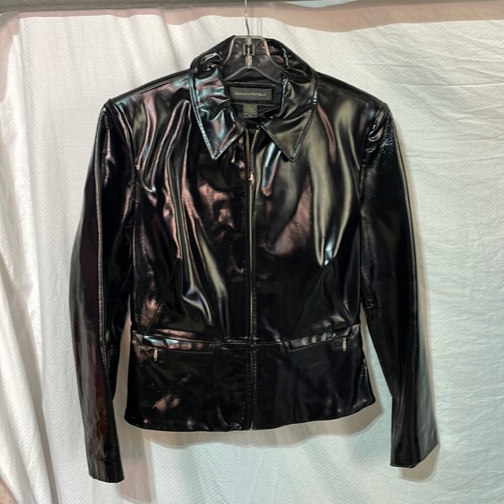 Banana Republic 10 black leather destroyed look grunge shinny patent like